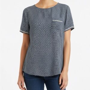 Brooks Brothers Geometric Floral Print Short Sleeve Blouse blue black white 6